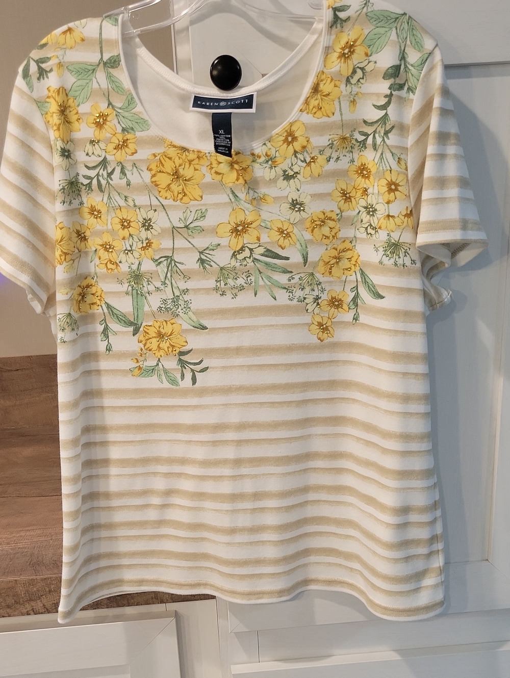 Karen Scott Cream & Yellow Striped Floral Short-Sleeve Top